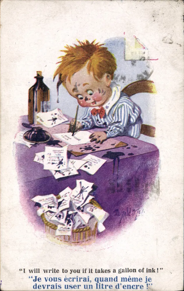 Kind beim Schreiben — 'Ich sollte ein Liter Tinte verwenden!' — Tylers Art Co. 'COMIQUE' Serie, Nr. 2805 - Vorderseite
