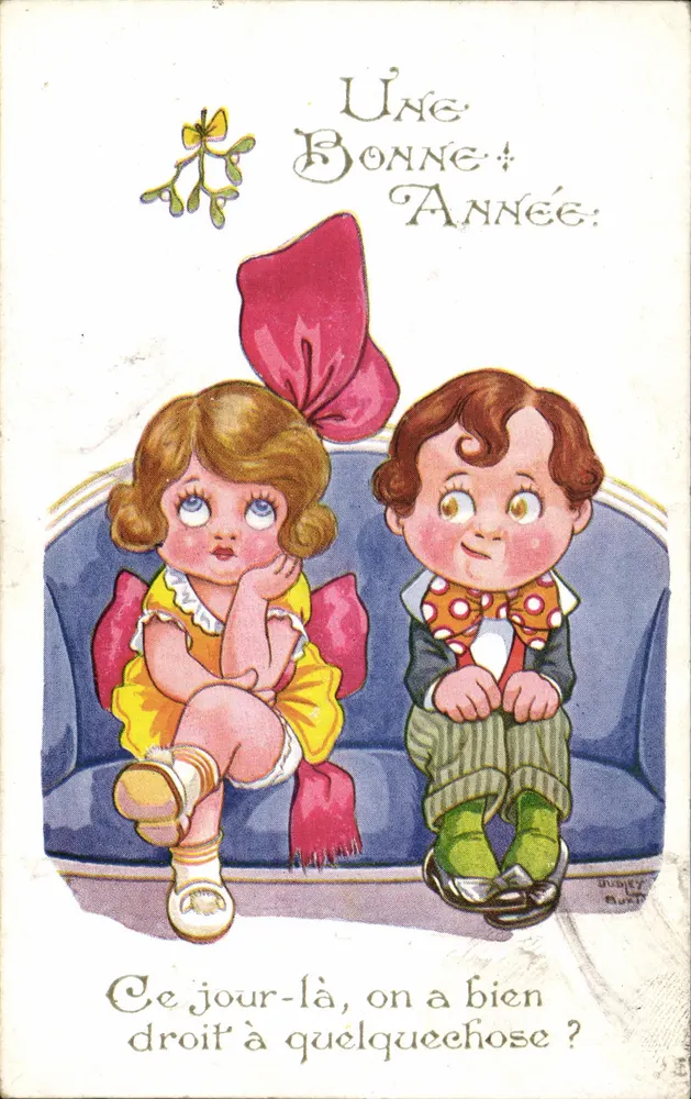 Zwei Kinder auf einem Sofa — Ein gutes Jahr? — Lucier Art Co. Nr. 3378 - Vorderseite