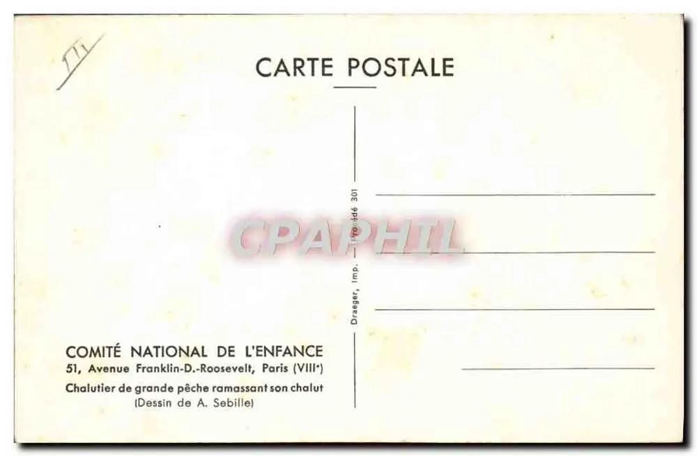 Großer Fischereitrawler, der sein Netz einholt — Zeichnung von A. Sebille — Comité National de l'Enfance - Rückseite