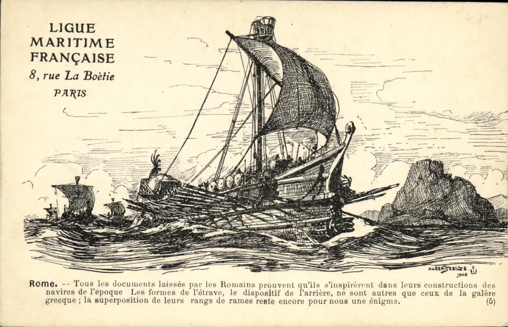 Roma — Navios romanos inspirados nas galeras gregas — Ligue Maritime Française, 8 rue La Boétie, Paris - Frente
