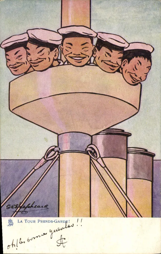 Die Turm Pass auf! — Karikatur von fünf lachenden Seefahrern auf einer Turm — Zeichnung von S. S. Shephard - Vorderseite
