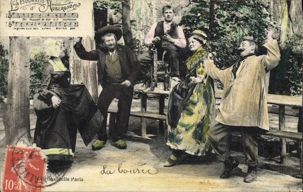La Bourrée — cena de grupo em um parque — editor La Bourrée d'Hubergon, n° 10 - Frente