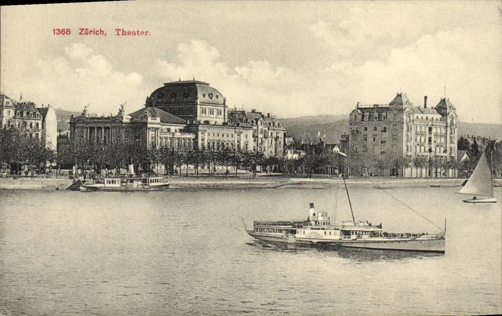 Zurich, Teatro — vista do lago com barcos — editor Karton Centrale, Zürich, n° 1368 - Frente