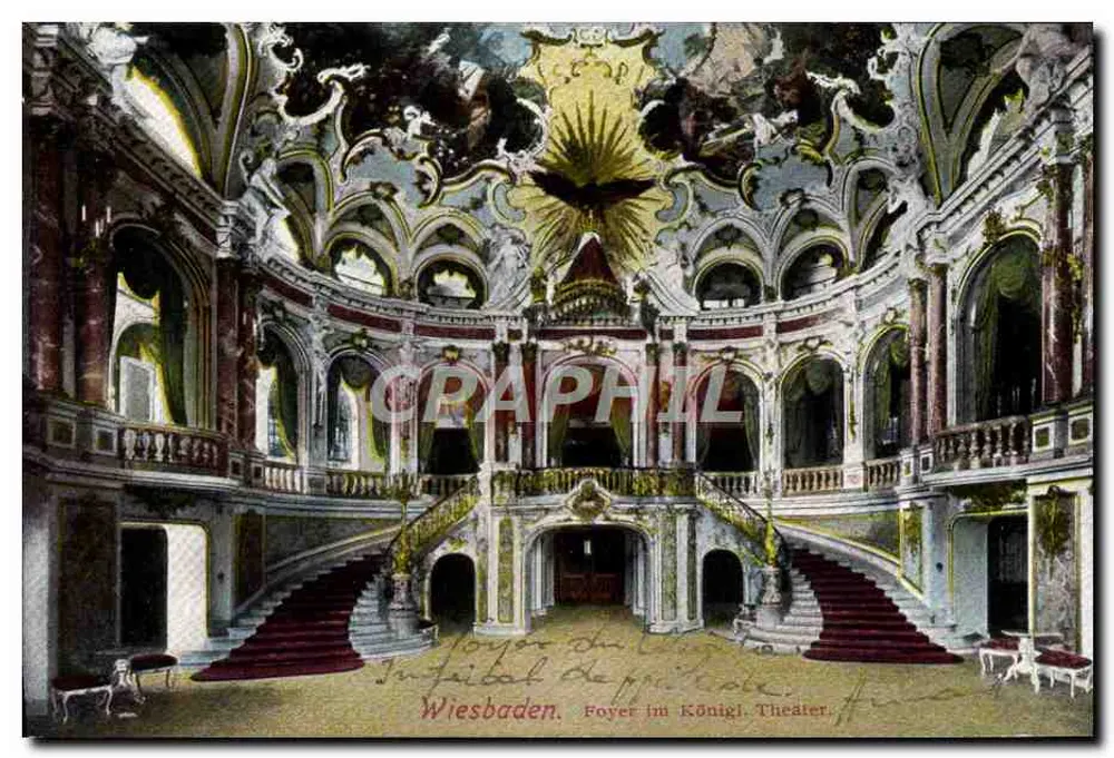 Foyer des Königlichen Theaters in Wiesbaden — kunstvoll gestaltete Innenansicht — Verleger: Louis Blaken, Leipzig - Vorderseite