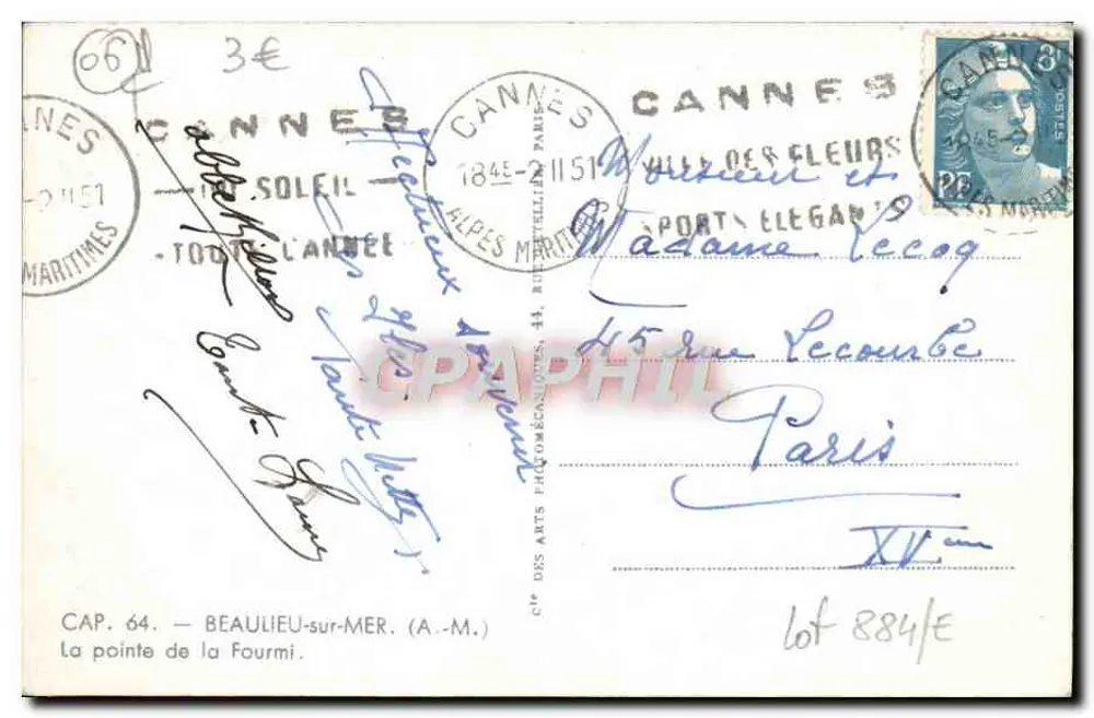 Beaulieu-sur-Mer — A ponta da Formiga — Cap. 64 — Sociedade dos Artes Fotográficas - Verso