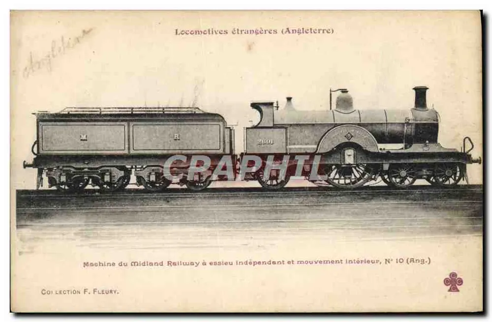 Locomotivas estrangeiras (Inglaterra) — Máquina do Midland Railway com eixo independente e movimento interno, N° 10 (Ing.) — Coleção F. Fleury - Frente