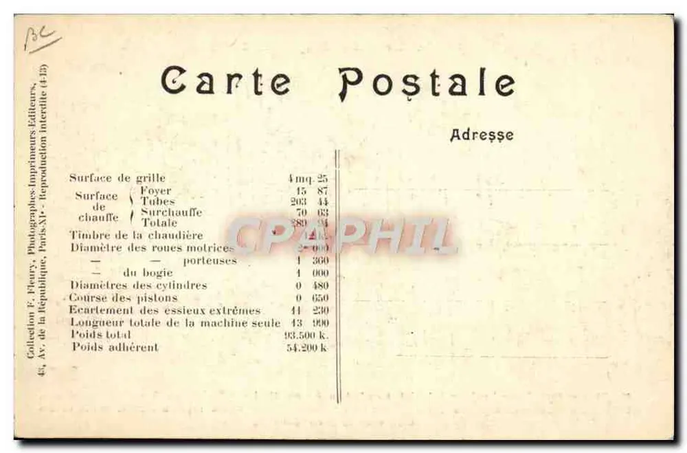 Locomotiva francesa tipo "Pacific" — Máquina n° 6110 — Editor F. Fleury, Paris - Verso