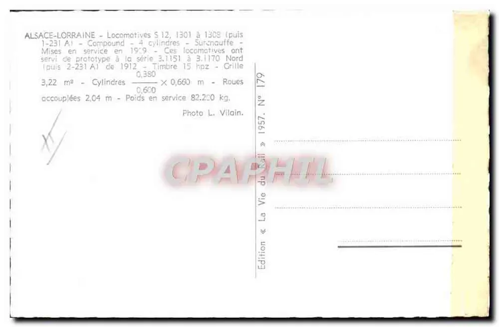 Elsass-Lothringen — Lokomotiven S 12, 1308 (dann 2-231 A) — Ausgabe « La Vie du Rail » N° 179 - Rückseite