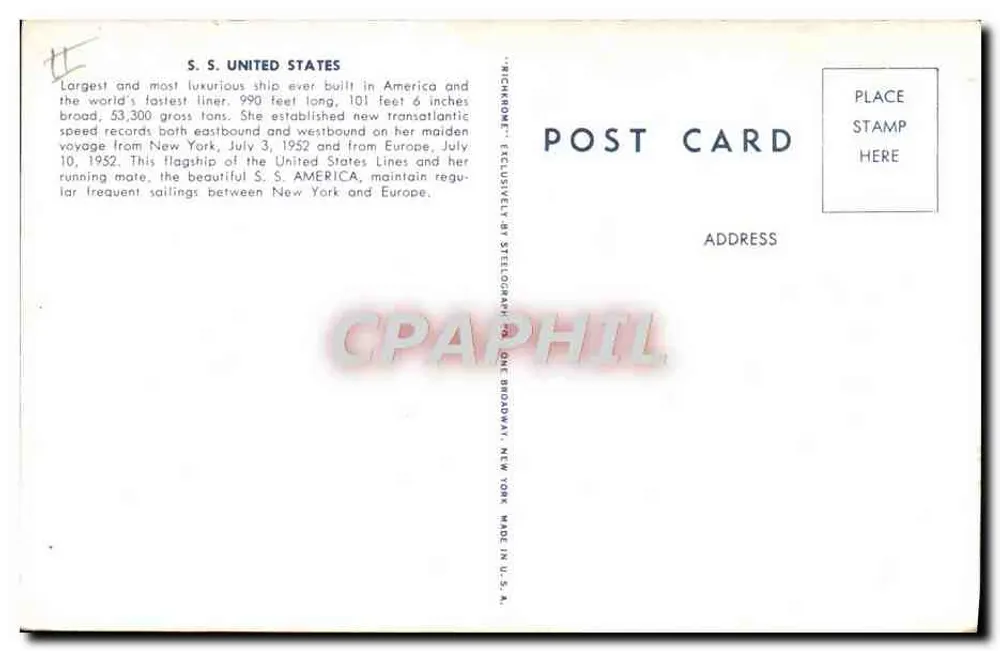 S.S. UNITED STATES — WELTSCHNELLSTER LINER — Steelesograph - Rückseite