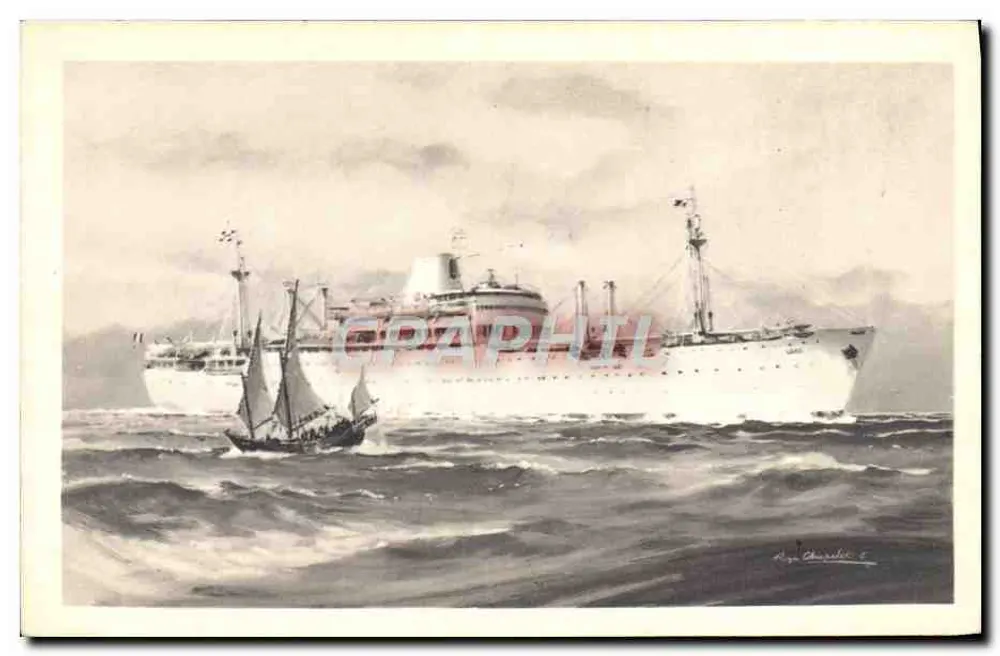 Kreuzer und Segelschiff auf See — Compagnie des Messageries Maritimes « Laos » — Alépée et Cie, Paris - Vorderseite