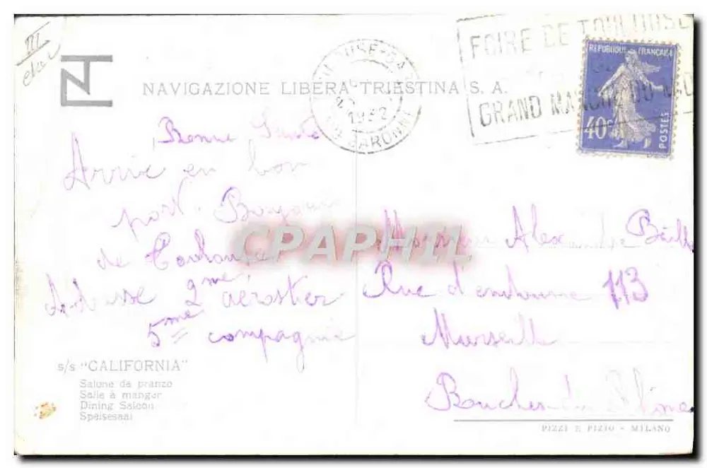 Esszimmer — Esszimmer des Ozeandampfers "Californie" — Verlag NAVIGAZIONE LIBERA-TRIESTINA S.A. - Rückseite