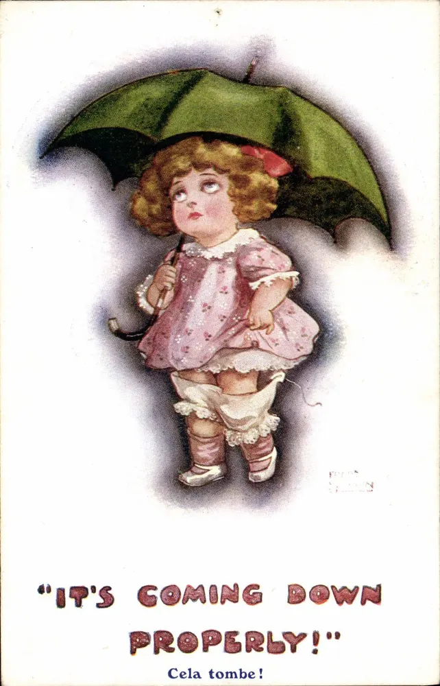 Kleine Mädchen unter dem Regenschirm — 'ES GEHT ECHT RUNTER!' — Inter-Art Co. 'KOMIC KIDS' Serie Nr. 644 - Vorderseite