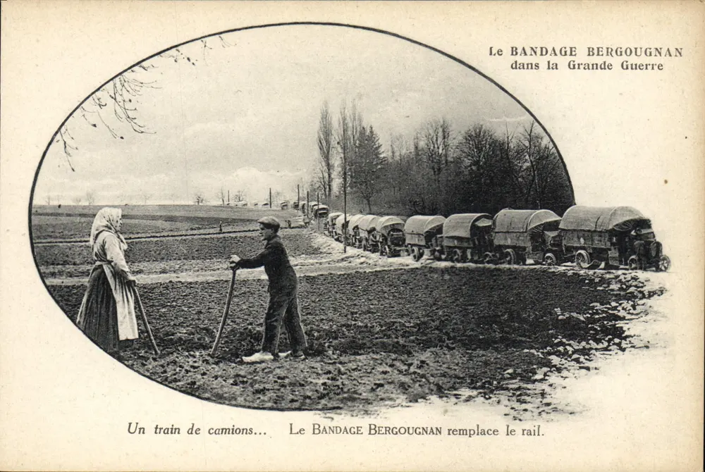 Ein Lastwagenzug — Der Bandage Bergougnan ersetzt die Schiene — Neulruien Frères, Paris - Vorderseite