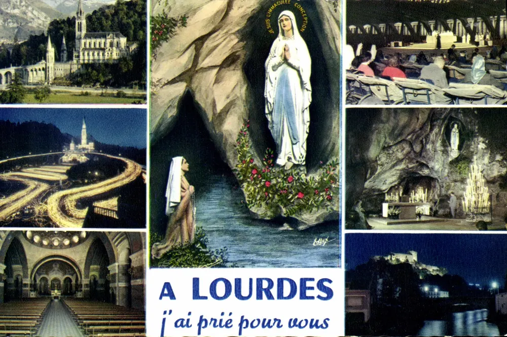 Lourdes — vista panorâmica e santuário — Éd. A. Doucet, Mexichrome - Frente