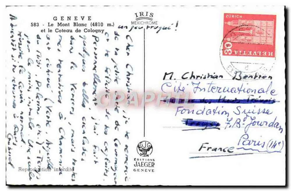 Genf — Der Mont Blanc (4810 m.) und der Coteau de Cologny — Éditions Jaeger Genève, Nr. 583 - Rückseite