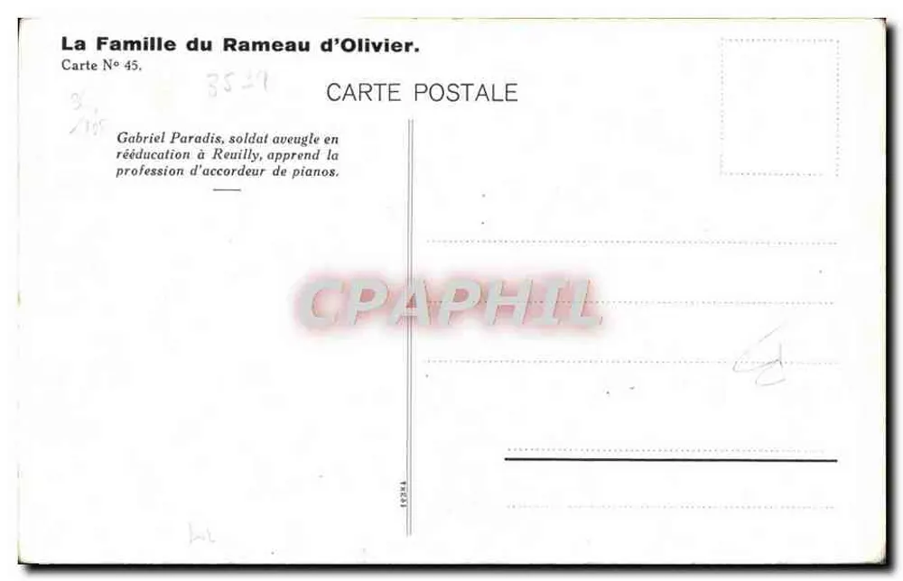 Gabriel Paradis — blinder Soldat in der Rehabilitation in Reuilly — La Famille du Rameau d'Olivier, Karte Nr. 45 - Rückseite