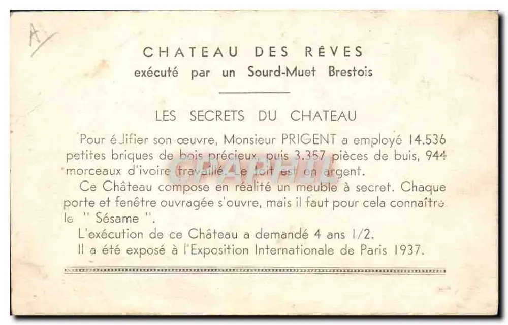 Château des Rêves — Internationale Ausstellung von Paris 1937 — Verlag: Paolo La Mance - Rückseite