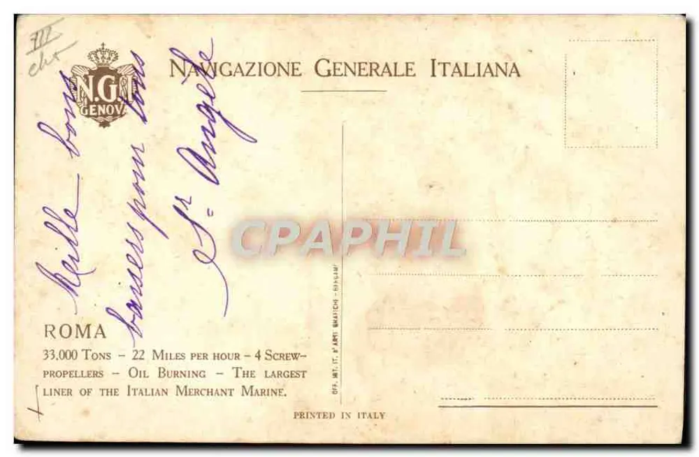O navio a vapor Roya — Navigazione Generale Italiana — Número de série não visível - Verso