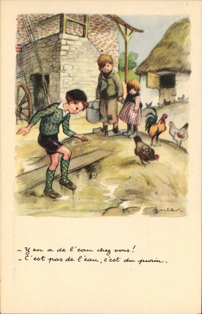 Kinder, die nahe einem Brunnen spielen — humorvoller Szene — Verlag: Nationale Liga gegen Slums - Vorderseite