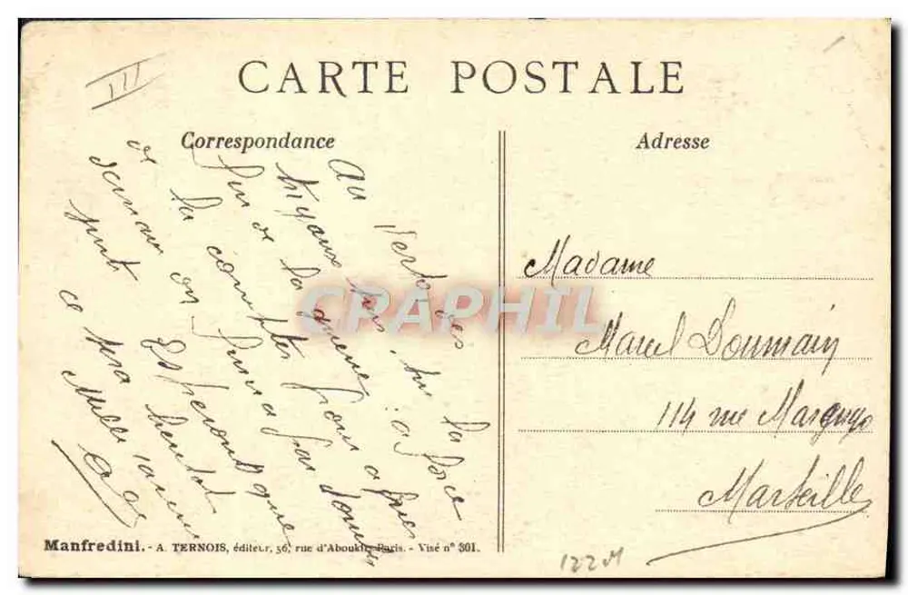 Straßenszene mit Portier — Karikatur von Manfredini — Verlag A. Ternois, n° 301 - Rückseite