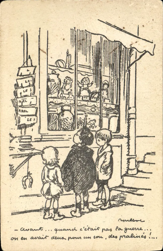 Enfants devant une vitrine de confiserie — souvenir de paix avant la guerre — Poulbot n°43 - Recto
