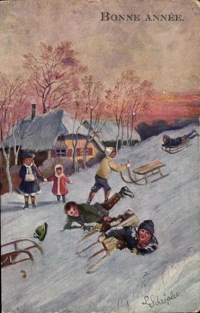 Kinder, die auf der Schneeschlittenfahrt spielen — L. Schröpeler — n° 576 - Vorderseite