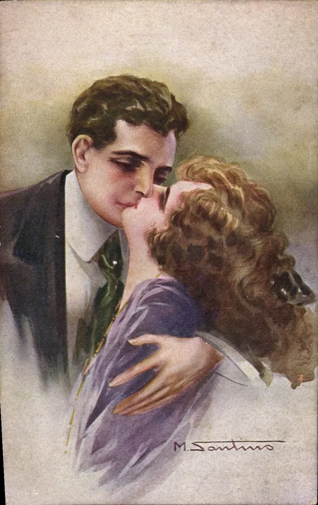 Ein Paar, das sich umarmt — Illustration von M. Santinino — unbekannter Verlag, Seriennummer nicht sichtbar - Vorderseite