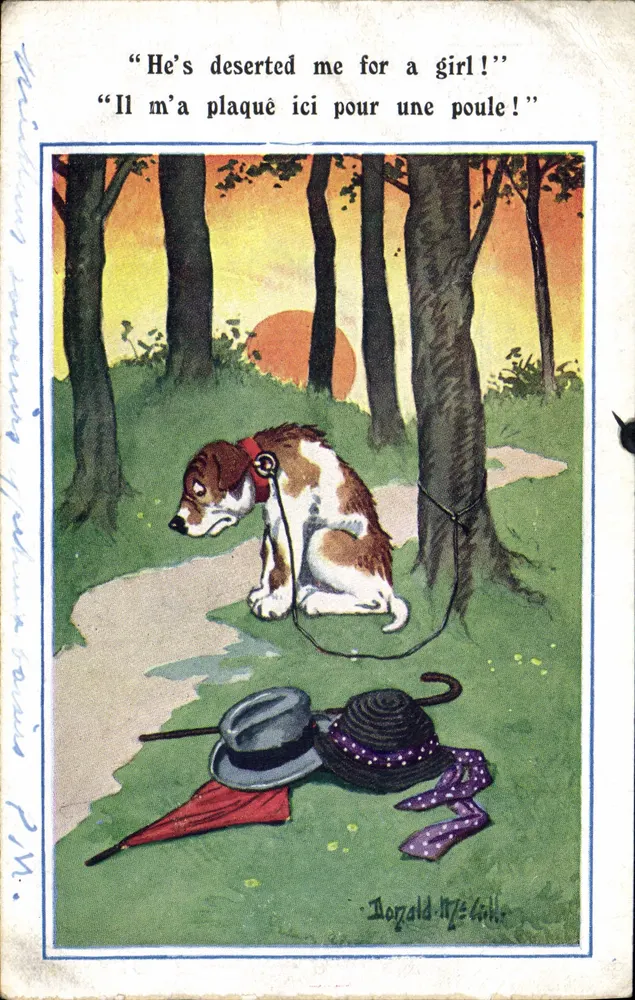 Verlorenes Tier in den Wäldern — Liebesenttäuschungsszene — Verlag Inter-Art Co., Florence House, Barnes, Serie 'Comique' Nr. 4510 - Vorderseite