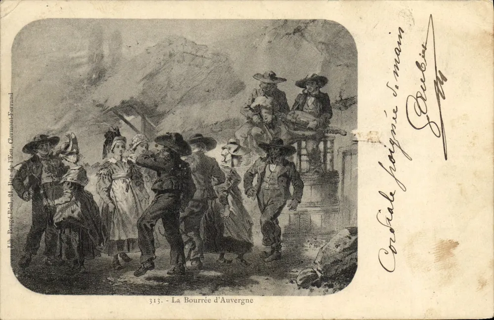 A Bourrée d'Auvergne — cena de dança tradicional — Lith. Rougé-Beal, 21, Rue de l'Éon, Clermont-Ferrand, n°313 - Frente