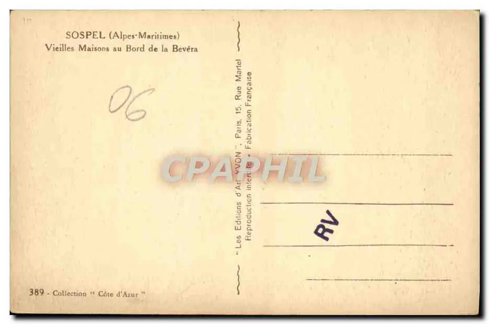 Sospel (Alpes-Maritimes) — Alte Häuser am Ufer der Bevèra — Les Éditions d'Art VVON, Paris - Rückseite