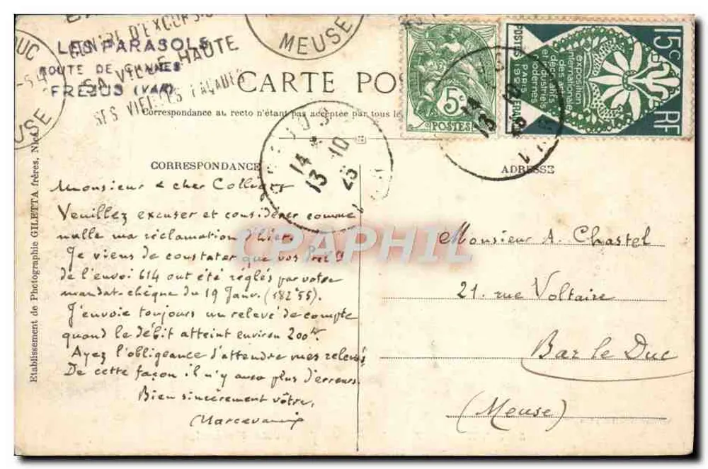 Théoule — Arco da Agulha, Estérel — Edição Ghiletti, Nice, n° 567 - Verso