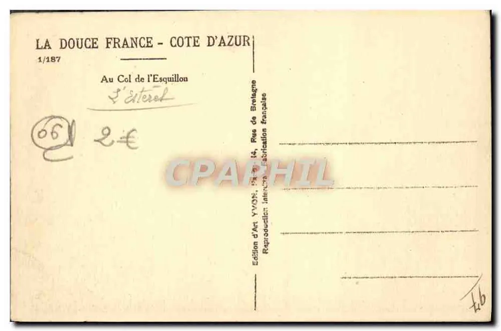 Vista do Col de l'Esquillon — Côte d'Azur — Edição de Arte YVON, n°1/187 - Verso