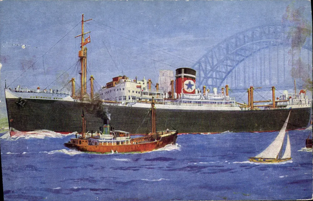 O navio de passageiros Australia Star — Porto de Sydney — Blue Star Line - Frente