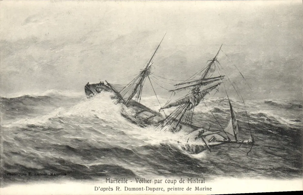 Marseille - Segelschiff bei Sturmwind — Nach R. Dumont-Duparc, Marinemaler — Phototypie E. Lacour, Marseille - Vorderseite