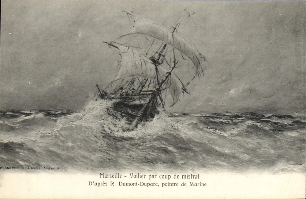 Marseille - Segelboot im Mistral-Wind — Nach R. Dumont-Duparc, Marinemaler — Phototypie E. Lacombe, Marseille - Vorderseite