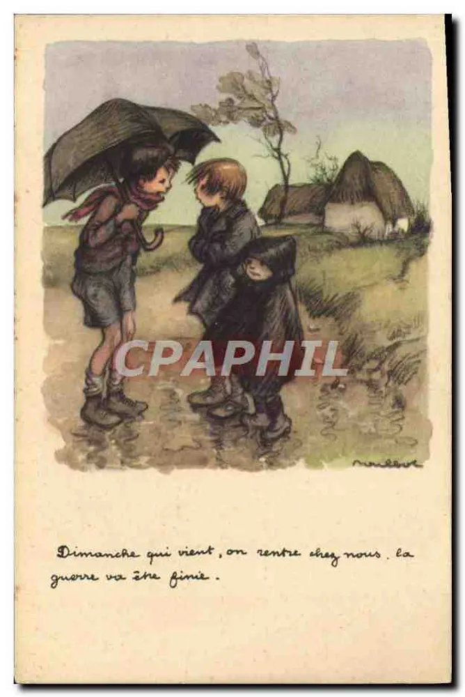 Crianças sob um guarda-chuva — fim da guerra — Ligue Nacional Contra o Taudis, Paris 1944 - Frente