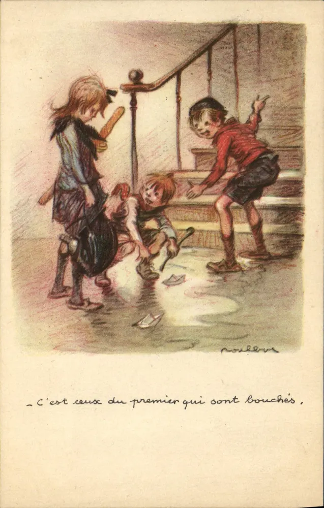 बच्चे एक गड्ढे में नावों के साथ खेलते हुए — चित्रण P. Nollevaux — प्रकाशक अदृश्य - आगे
