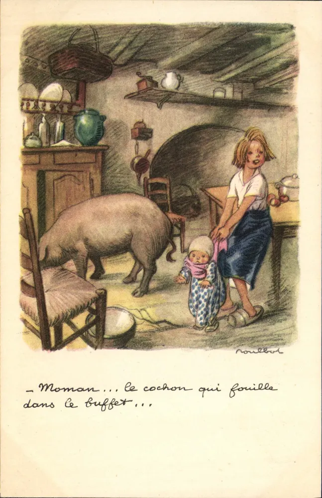 Criança e porco na cozinha — ilustração de Roullot — Ligue Nacional Contra o Gueto - Frente