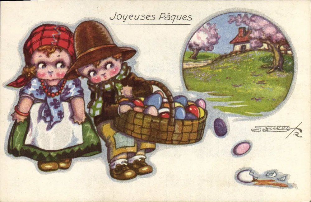 Kinder mit einem Osterei-Korb — Frohe Ostern — Sarzeau, n°2 - Vorderseite
