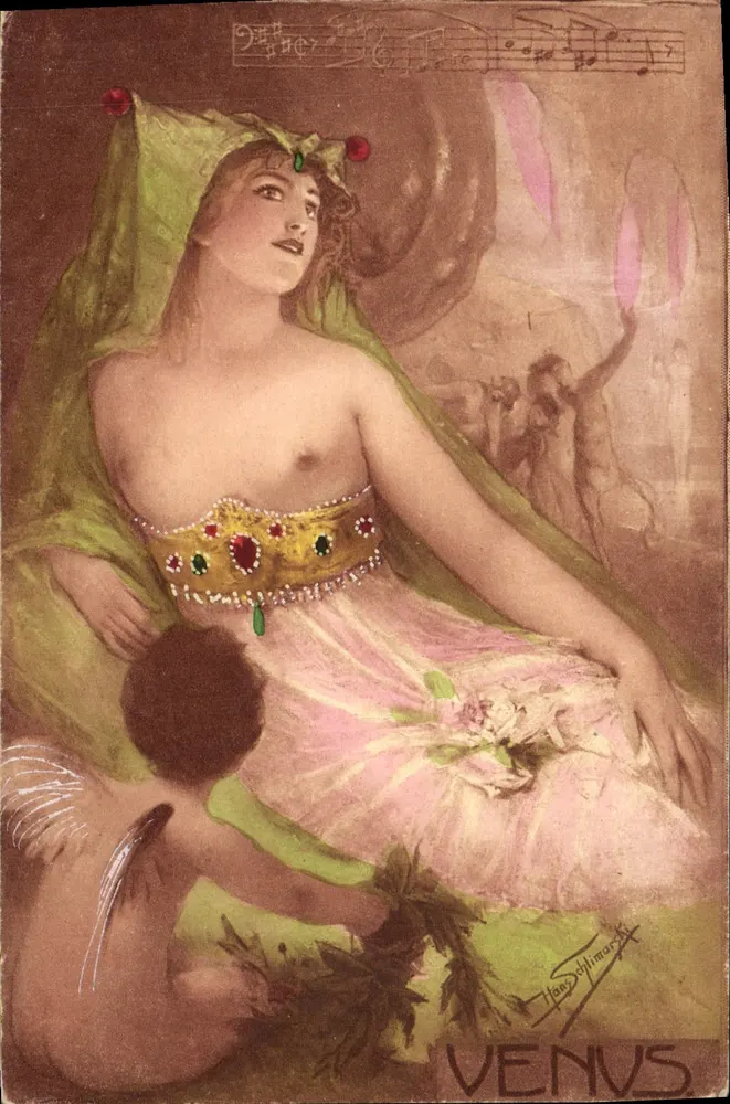 Venus — nackte Göttin mit Diadem und geflügeltem Kind — Zeichnung von Hans Hilmarck - Vorderseite
