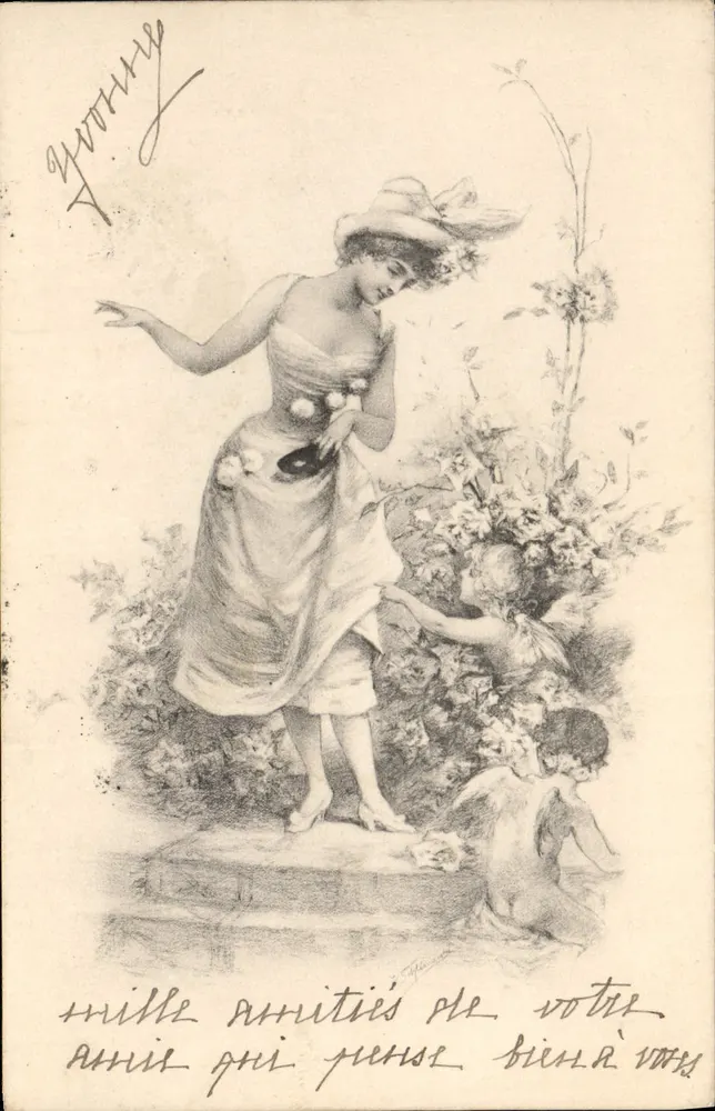 Frau in Ballkleid und Kind im Garten — Verlag G. Gourry, Serie 882 n°6 - Vorderseite