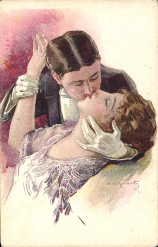 Ein Paar, das sich umarmt — romantische Illustration — gezeichnet von A. Jumonty - Vorderseite