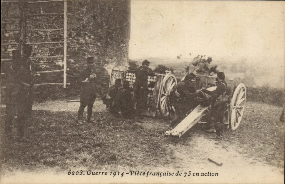Französisches 75-mm-Geschütz in Aktion — Krieg 1914 — Verlag P. Hambourg, Nr. 6203 - Vorderseite