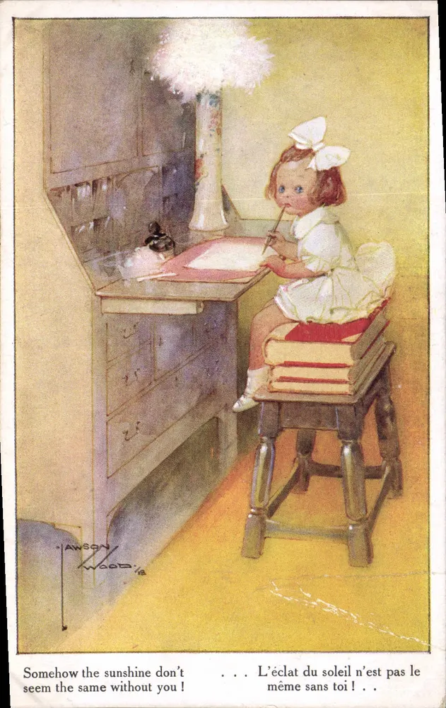 Petite fille à son bureau — scène intérieure — éditeur British Manufacture Throughout, série 'Artistique', n° 2592 - Vorderseite