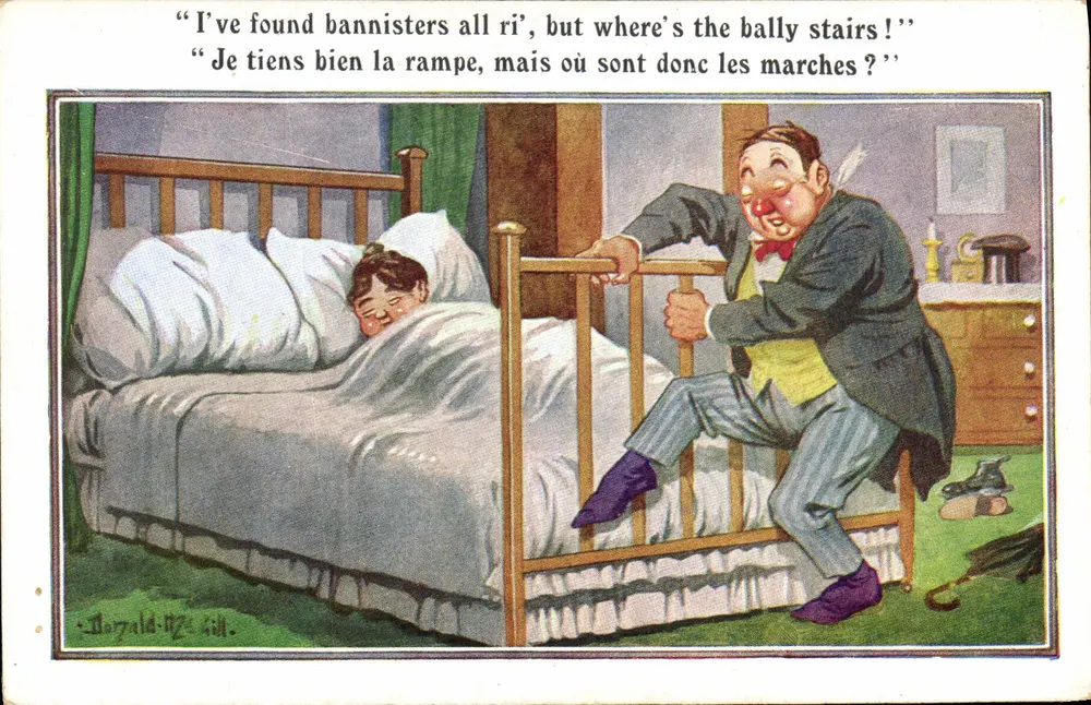 Komischer Szene eines verwirrten Mannes in einem Zimmer — Donald Itz Gill — Serie 'Komisch' — Inter-Art Co., Barnes, London - Vorderseite