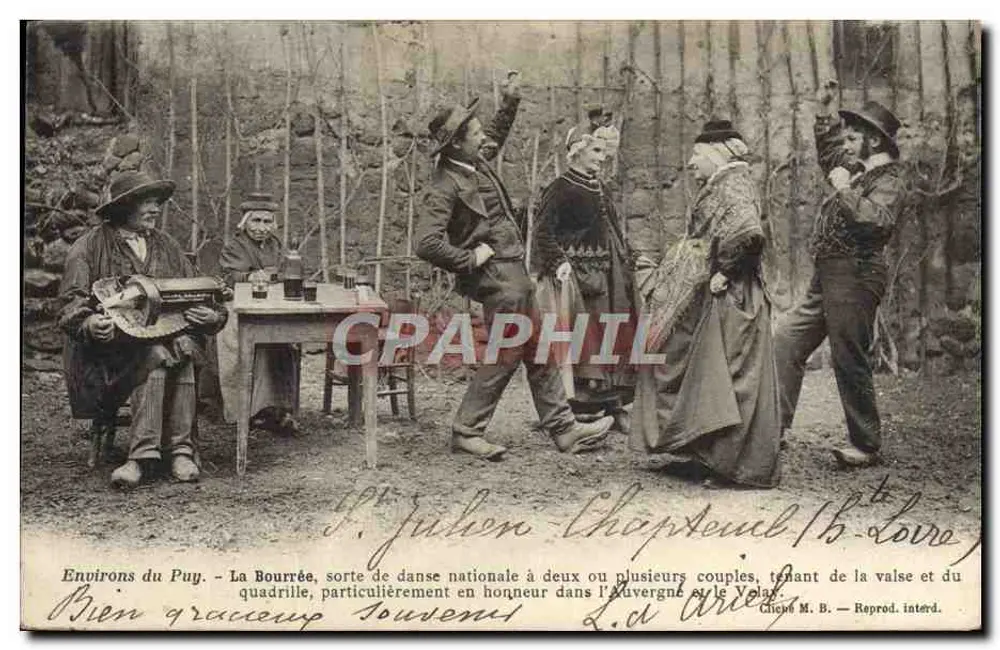 Okręgi Puy — La Bourrée, rodzaj narodowej tańca dla dwóch lub wielu par, pochodzenia walca i kwadrylu, szczególnie ceniony w Auvergne i Velay — Wydawnictwo Marguerite-Ramond, Le Puy - Awers