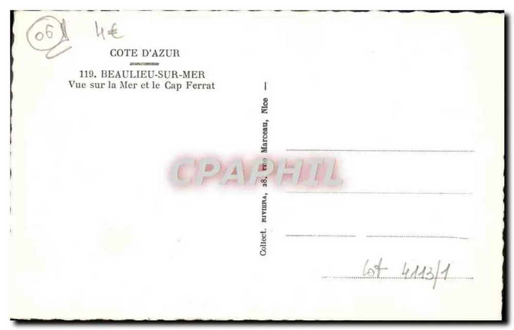 Beaulieu-sur-Mer — Blick auf das Meer und den Cap Ferrat — Collect. Riviera, 28, rue Marceau, Nice - Rückseite