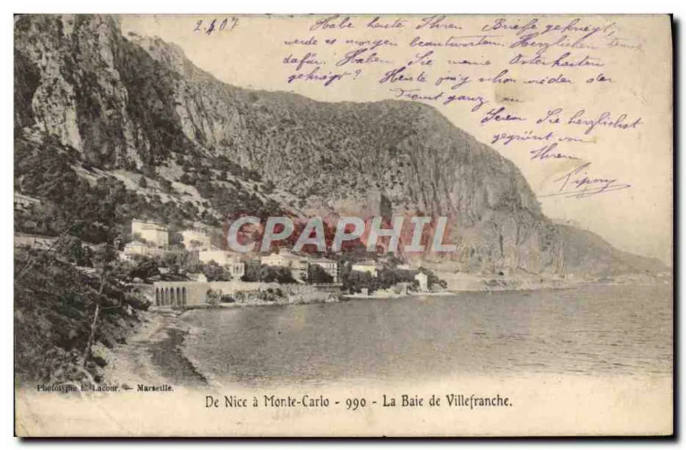 La Baie de Villefranche — vue de la côte entre Nice et Monte-Carlo — Phototypie E. Lacour, Marseille, n° 2.407 - Vorderseite