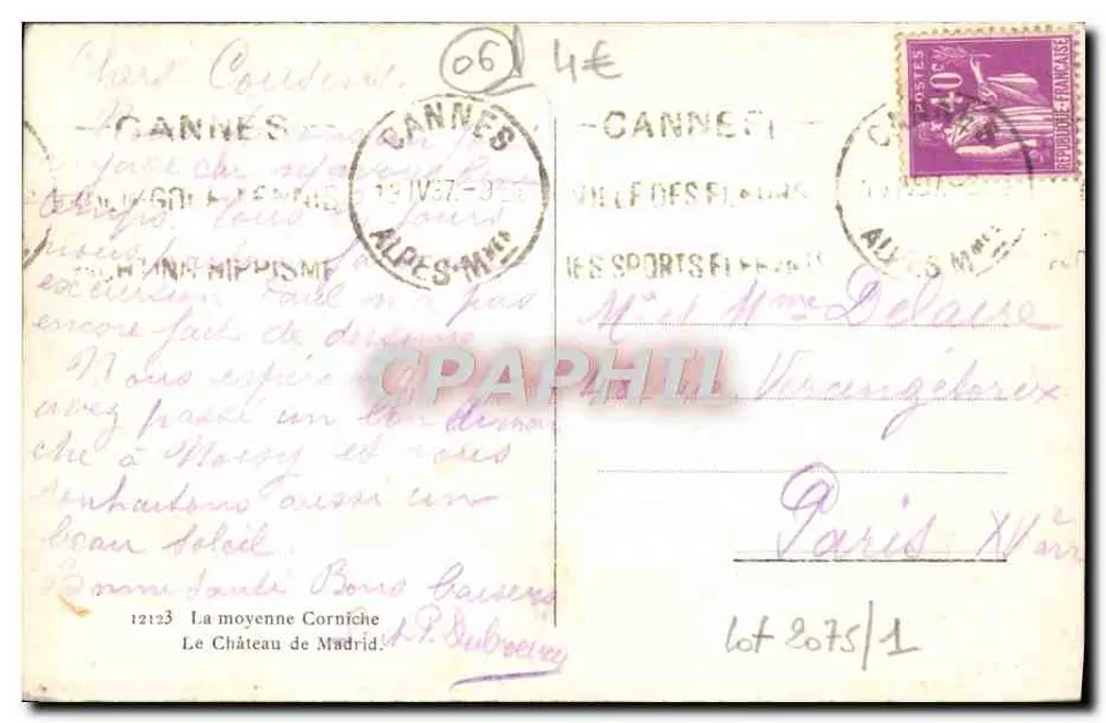 Le Château de Madrid — Cannes — éditeur La moyenne Corniche, n° 12123 - Verso