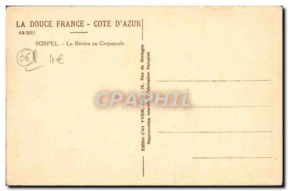 Sospel - La Bevera ao Crepúsculo — Edição de Arte Yvon, 14, Rue de Bretagne, fabricação francesa - Verso